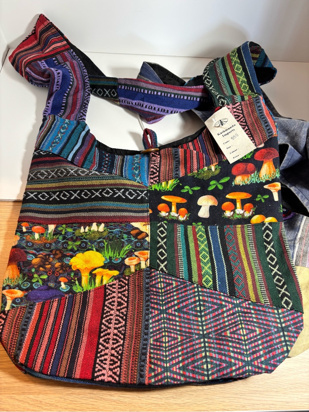 Boho Patchwork Mushroom Tote Bag Multicolor Tribal Stripe Patchwork New Tags